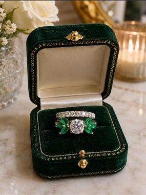 Ring Natural Diamond & Emerald 14K White Gold Engagement & Wedding Band Set